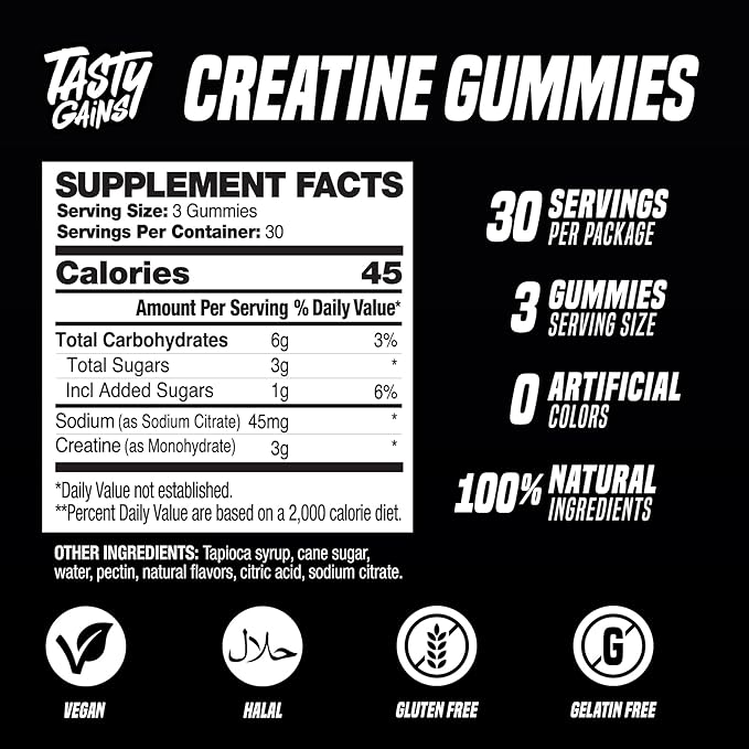 TASTY GAINS Creatine Gummies - 90g of Creatine Monohydrate - Workout Supplements - Build Muscle &amp Boost Strength for Men &amp Women - Made in USA - Non GMO - (Large Strawberry Creamsicle Flavor)