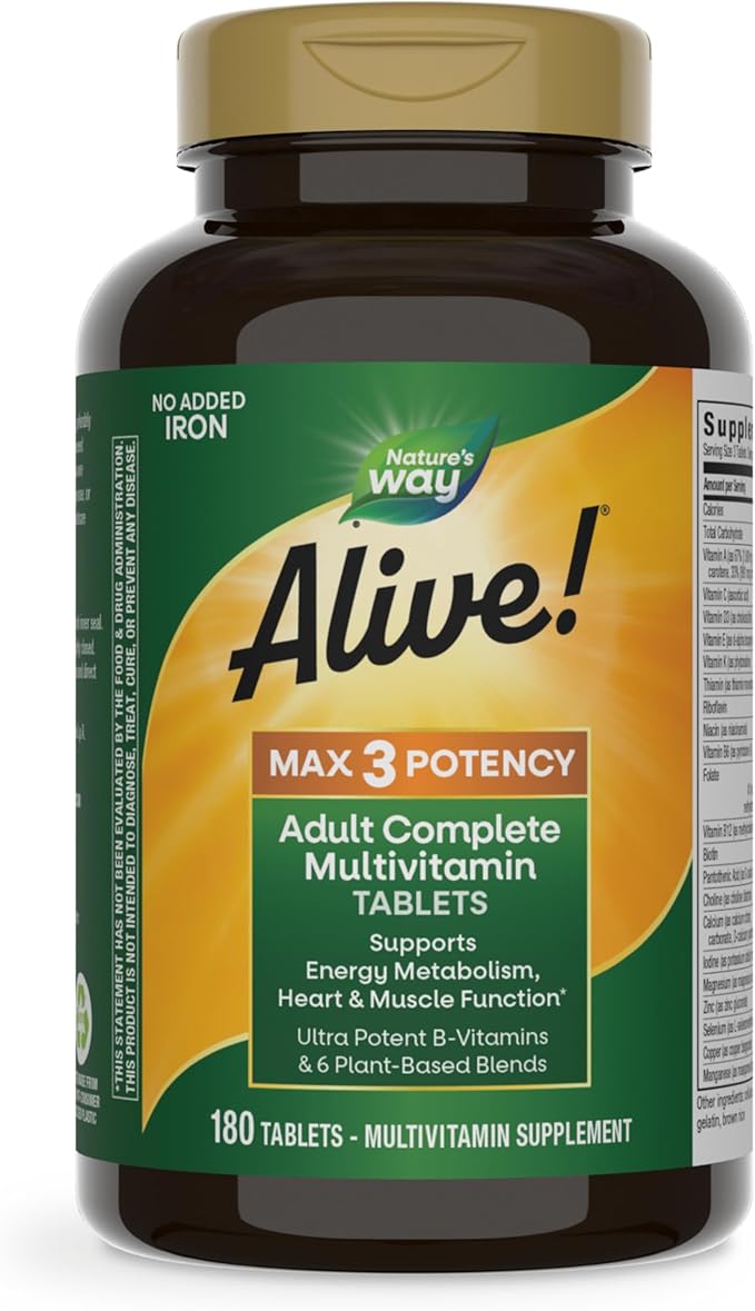 Nature's Way Alive! Max3 Potency Adult Complete Multivitamin High Potency B-Vitamins to Support Cellular Energy Metabolism* Multivitamin with Methylated B12 &amp Folate No Added Iron 180 Tablets