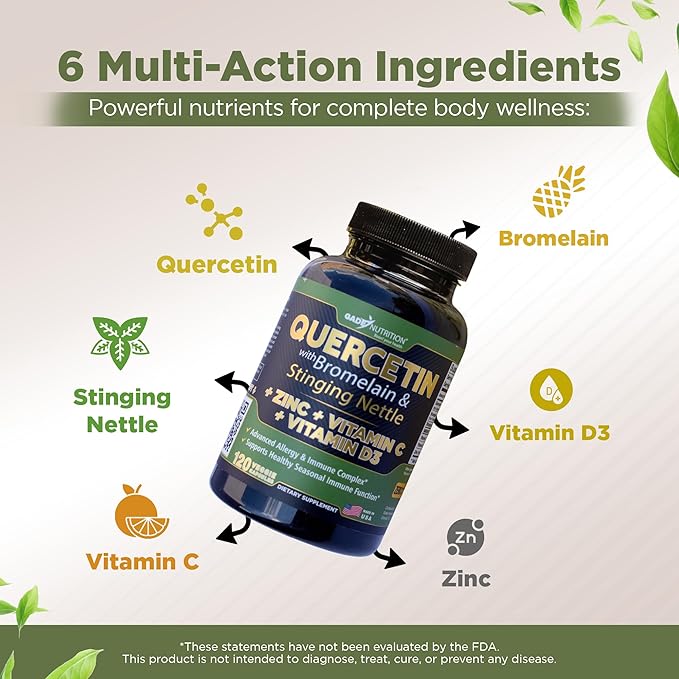 Quercetin with Vitamin C and Zinc - Nettle Quercetin - Quercetin 500mg - Quercetin with Bromelain - Zinc Quercetin + Vitamin D3 - 120 Veggie Caps - (Non-GMO Gluten-Free Vegan) - 2 Month Supply