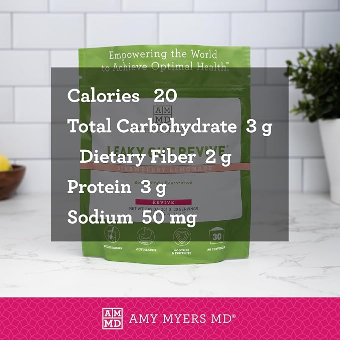 Amy Myers MD Leaky Gut Revive - L-Glutamine Digestion Support - Healthy Gut Aid with Marshmallow &amp Licorice Root - Aids Mucosal Lining - 201 g Strawberry Lemonade (30 Servings)