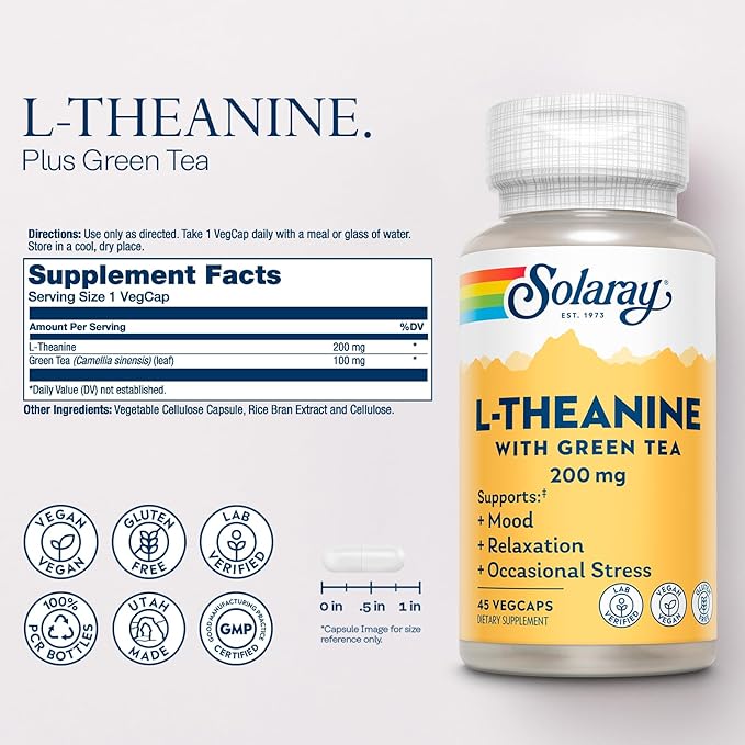 SOLARAY L-Theanine 200mg with Green Tea - Healthy Mood Relaxation and Occasional Stress Support - Lab Verified Vegan Gluten Free - 45 Servings 45 VegCaps