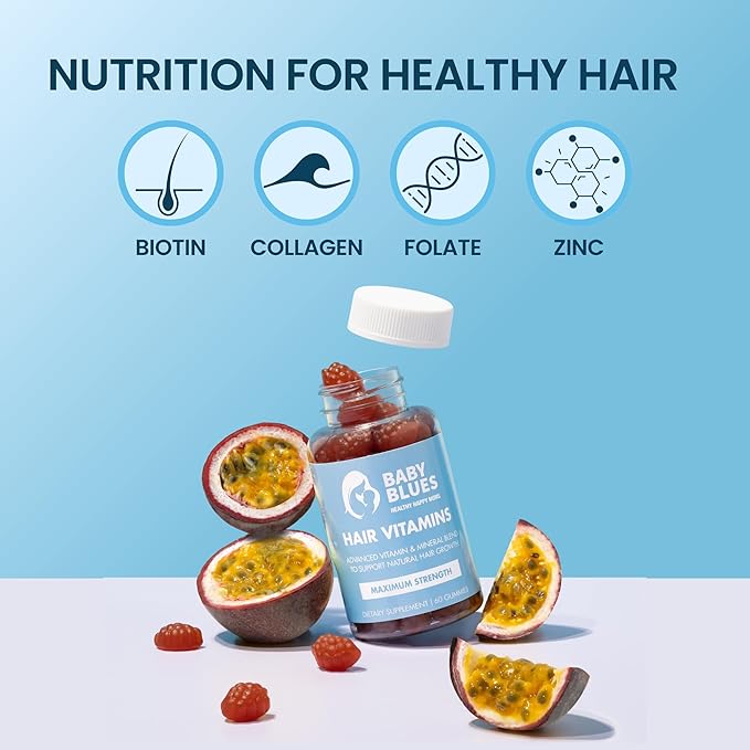 Baby Blues Postpartum Hair Loss Vitamins - Passion Fruit Gummies with Biotin Collagen &amp Folate