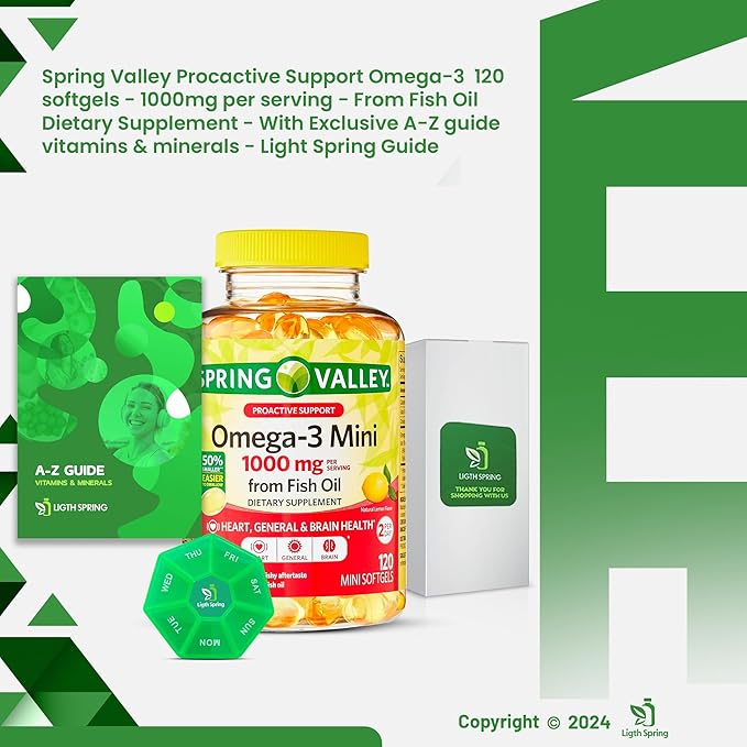 Spring Valley Omega-3 Mini Fish Oil Softgels 1000 mg 120 Count Bundle with Exclusive Vitamins &amp Minerals A to Z - Better Ligth&ampSpring Guide (2 Items)