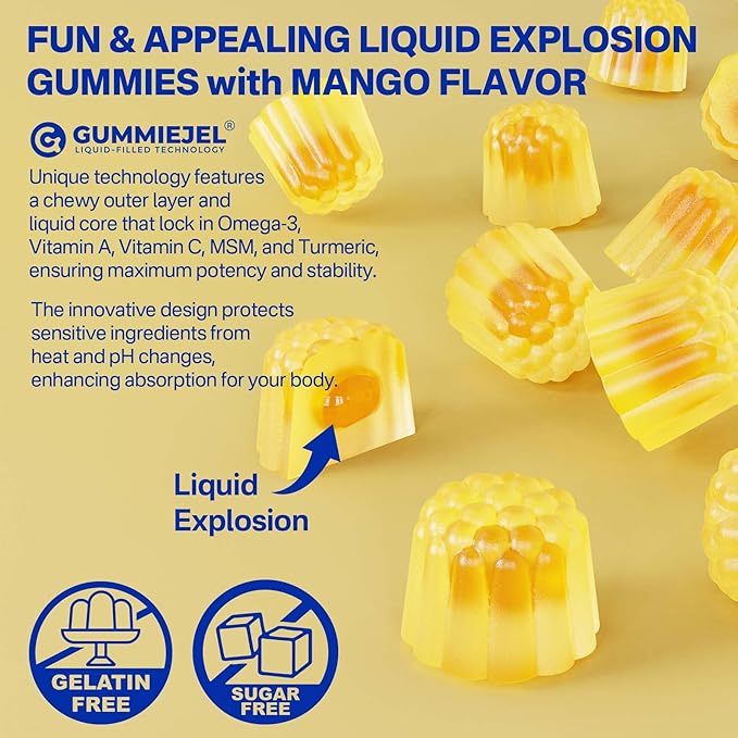 Vegan Omega-3 Gummies 1000mg + Turmeric - Omega 3 Fish Oil Alternative for Adults - Algae DHA 600mg &amp EPA 300mg Vitamins A C E Zinc &amp MSM Sugar Free 120 Cts