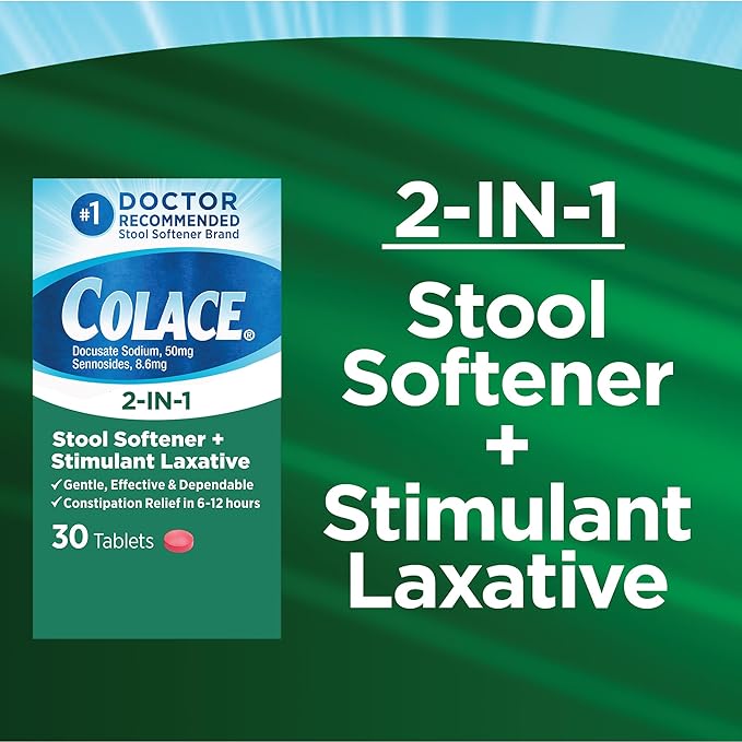 Colace 2-in-1 Stool Softener Plus Stimulant Laxative for Gentle Effective Constipation Relief Docusate Sodium Plus Sennosides 60 Count and 30 Count