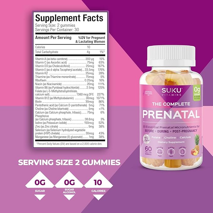 SUKU Prenatal Multivitamin Gummies – Folate Calcium Vitamin D3 B12 K2 – Sugar-Free Vegetarian Gluten-Free Pregnancy Support – Pineapple Peach Flavor – 60 Count