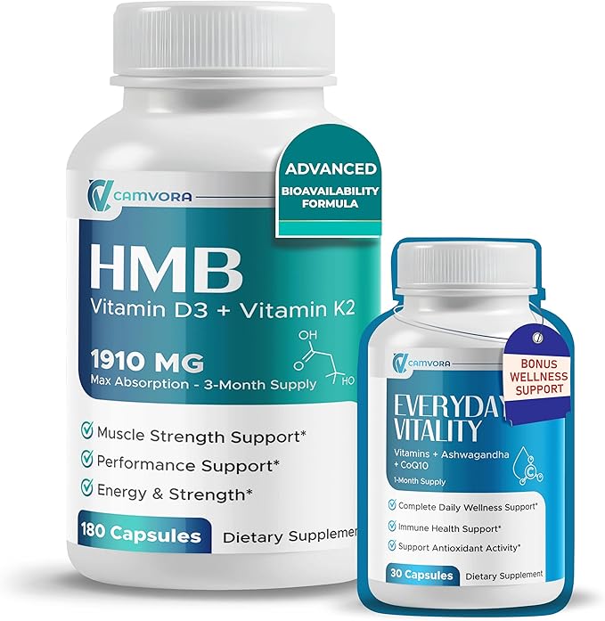 Liposomal HMB + Vitamin D3 &amp K2 – 1910mg Max Absorption – Muscle Energy &amp Performance Support – 3-Month Supply – 180 Capsules – Non-GMO Gluten-Free