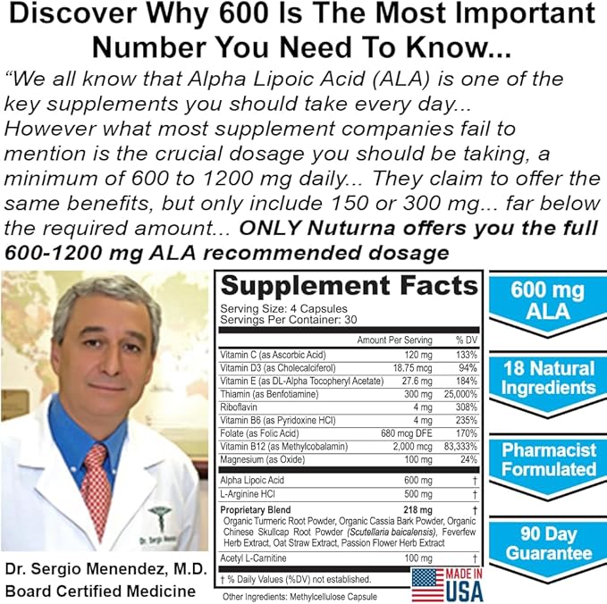 Neuroturna Support Supplement with 600 mg Pure Alpha Lipoic Acid - Advanced ALA Formula for Feet Hands Fingers Legs - Ultra Potent 18 in 1 Natural Vitamins - 120 Capsules