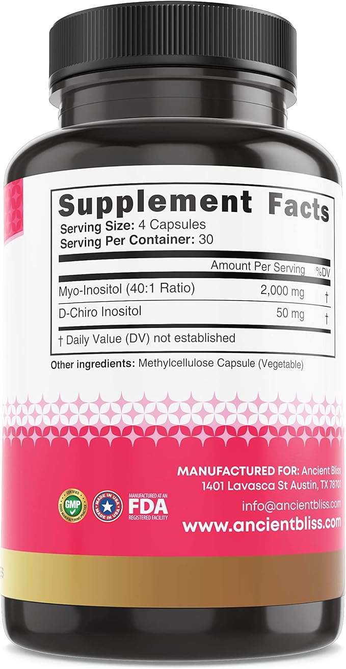 Ancient Bliss Myo &amp D-Chiro Inositol Supplement 40 to 1 Ratio Helps in Ovarian Function Support for Women Vitamin B8 Helps to Regulate Menstrual Cycle 2050mg per Serving 120 Vegan Capsules