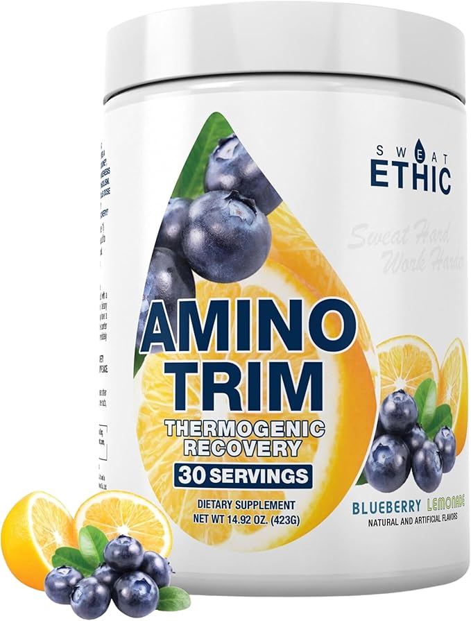 Sweat Ethic Amino Trim Pre Workout Powder with Amino Acids for Men &amp Women 7.5 G EAAS with Electrolytes for Hydration &amp Energy Stimulant Free Sugar Free Blueberry Lemonade Flavor 30 Serv