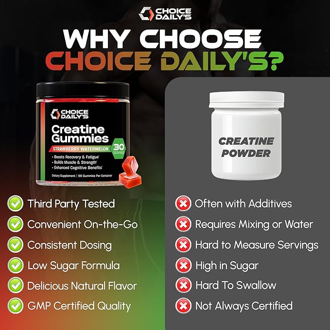 Creatine Gummies - 90 Vegan Friendly Chews - USA Made - Boosts Recovery - Builds Muscle - Enhanced Cognitive Benefits (Large Strawberry Watermelon)