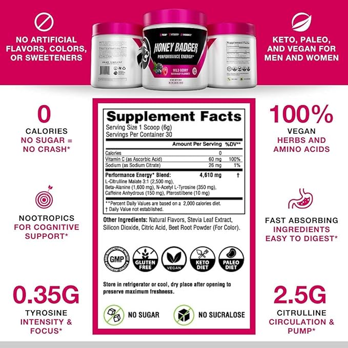 Honey Badger Pre Workout Powder &amp BCAA Amino Acids Powder Bundle | Beta Alanine Caffeine &amp Vitamin C + Electrolytes | Vegan Keto Sugar Free &amp Paleo for Men &amp Women | 30 Servings (Wild