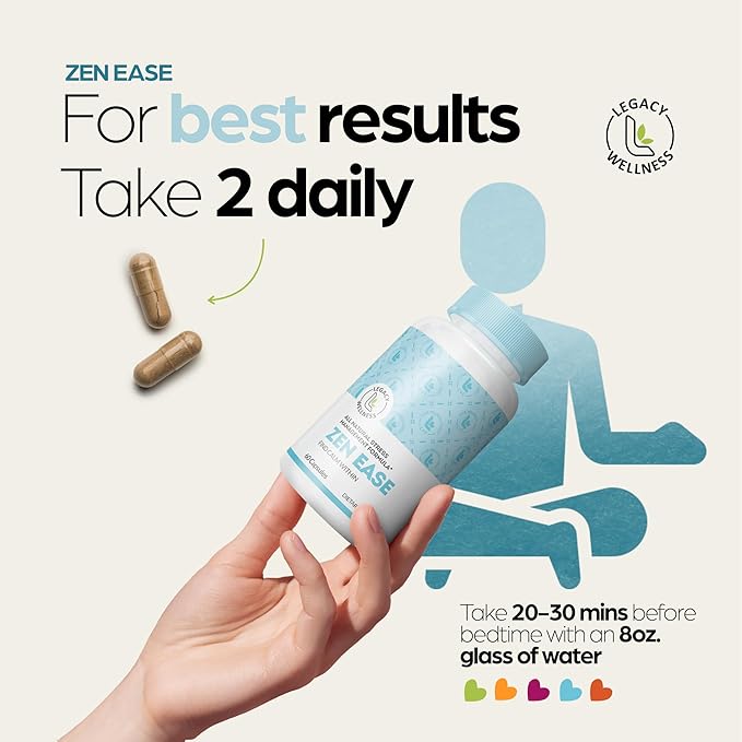 Legacy Wellness ZEN EASE Calm Mind Supplement - Natural Vegan Formula - 5-HTP Ashwagandha St. John's Wort L-Theanine Magnesium B-Vitamins - Capsules To Promote A Good Feeling of Peace
