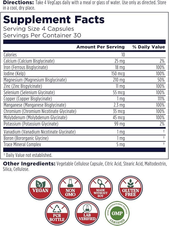 KAL Total Mineral Plus Capsules - Minerals and Trace Minerals for Strong Bones Immune Support w/Magnesium Glycinate Zinc Calcium Selenium Iron and More - Vegan Non-GMO Gluten-Free 30 Servings