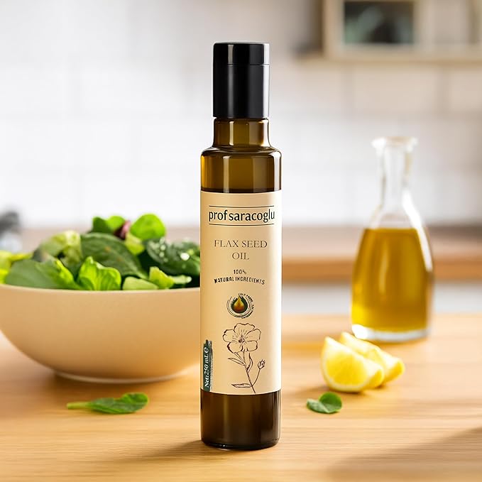 Prof Saracoglu Flaxseed Oil – Cold Pressed Solvent-Free Flax Seed Oil in Glass Bottle | Plant-Based Omega 3 with Lignans | Vegan Non-GMO | Hair Skin &amp Wellness | 8.45 fl oz