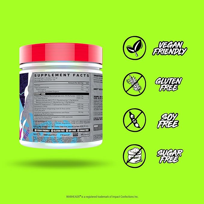 GHOST Size Muscle Builder Dietary Supplement - Warheads Sour Watermelon 30 Servings – Support Muscle Growth &amp Strength Building for Men &amp Women - Creatine &amp Betaine - Free of Sugar &amp
