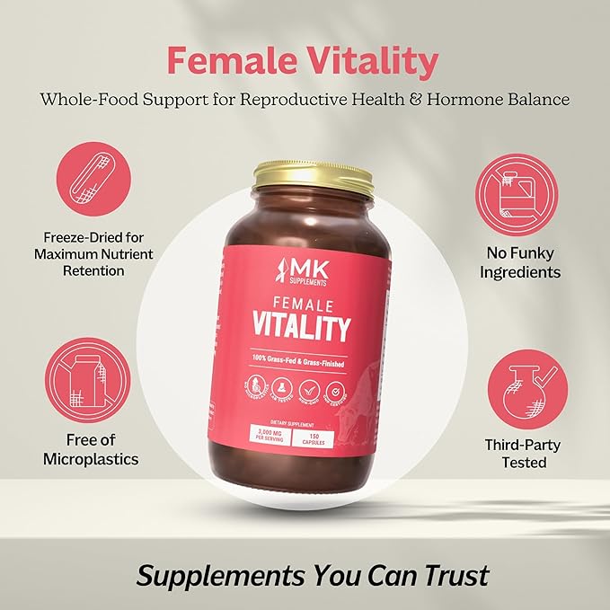 MK Supplements Female Vitality | Grass-Fed Beef Organs for Women | Spleen Uterus Ovaries Fallopian Tubes &amp Kidney | No Phytoestrogens | 150 Capsules