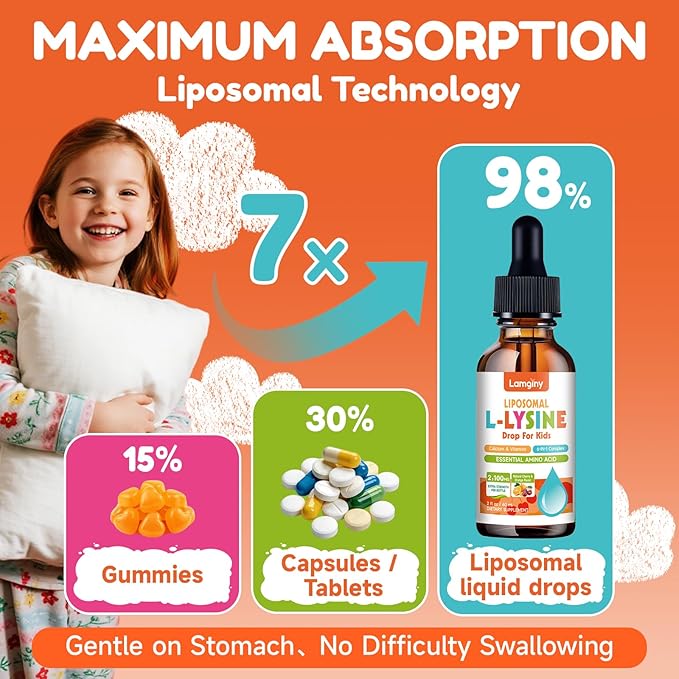 L-lysine 1000mg Supplement Liposomal Lysine Liquid Drops for Adults L-Lysine Liqud Drops 1000mg Lysine for Kids &amp Adults with Calcium Complex GABA Vitamins Skin &amp Lip Health Immune &amp