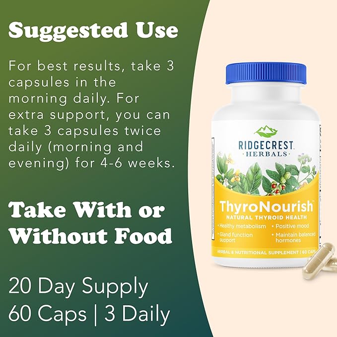 Ridgecrest Herbals ThyroNourish Thyroid Support Herbal and Vitamin Supplement with Ashwagandha L-Tyrosine Iodine Copper Kelp. Supports Energy Metabolism Health Normal Sleep (60 Caps 30 Serv)