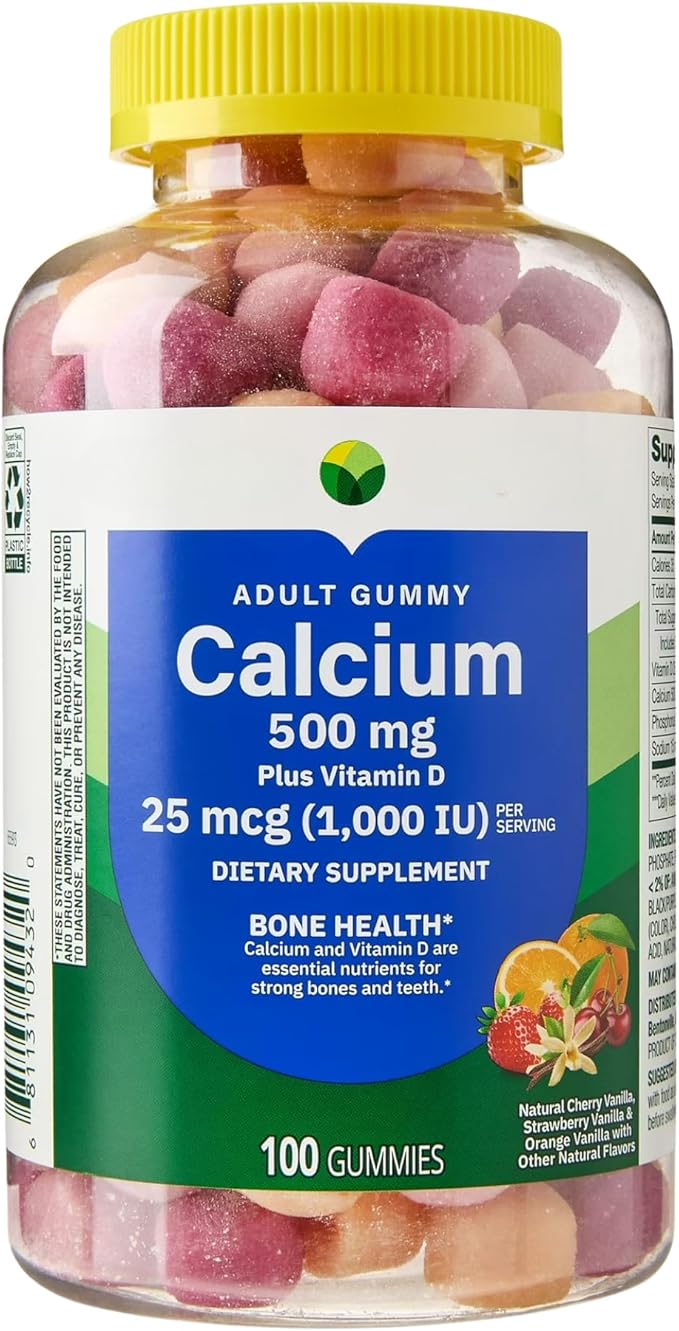 KP+ Calcium Gummies 500 mg with Vitamin D 25 mcg (1000 IU) | 100 Gummies | Natural Fruit Flavors | Pack of 1
