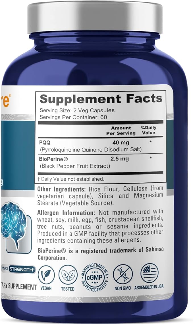NusaPure PQQ Supplement 40 mg 120 Veggie Capsules Non-GMO Pyrroloquinoline Quinone Disodium Salt Bioperine (Pack of 2)