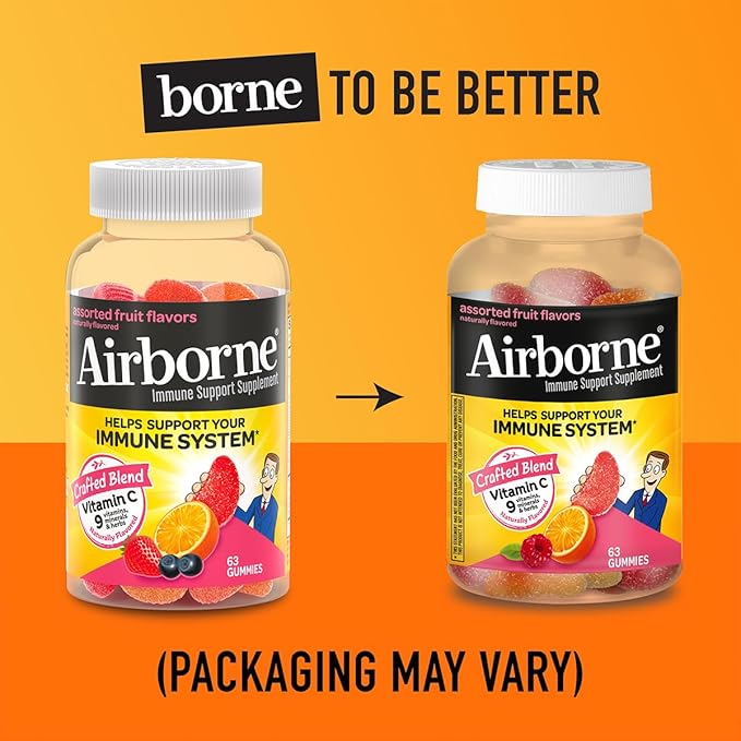 Airborne 750mg Vitamin C Immune Support Supplement Gummies for Adults Assorted Fruit Flavor Gluten Free Crafted Blend with Powerful Antioxidants Vitamins A C &amp E 63 Gummies (3 Pack)