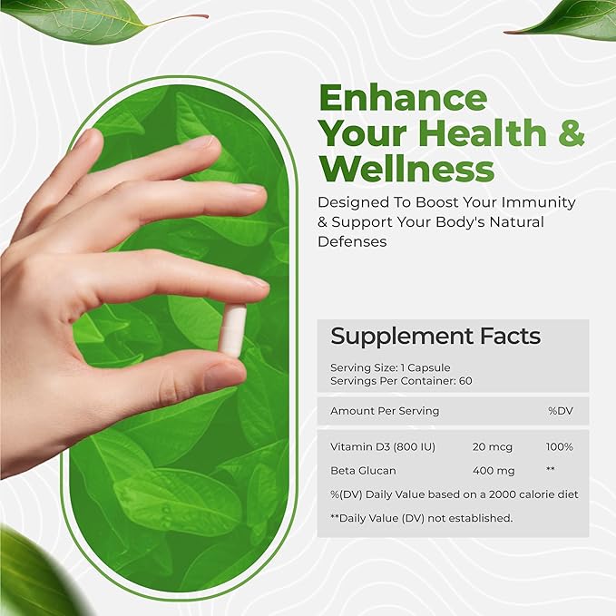 Bio Swiss Beta Glucan Immunity Power - 13D-16D Glucan with Vitamin D - Immune Support Supplement for Enhanced Defense and Wellness - Vegan Gluten-Free (60 Capsules)