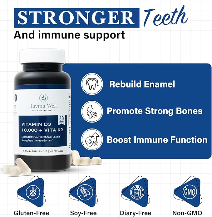 Living Well with Dr. Michelle Vitamin D3 10000 IU with K2 – Immune Teeth Bone Health Support Non-GMO Gluten &amp Dairy Free 60 Day Supply 60 Capsules