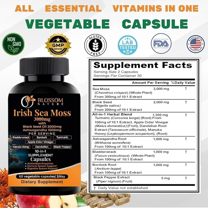 10-in-1 Irish Sea Moss Veggie Caps 3000mg Black Seed Oil Ashwagandha Bladderwrack Burdock Turmeric Apple Cider Vinegar Manuka Honey Dandelion Black Pepper - Made in US(Veggie Caps Unflavored)