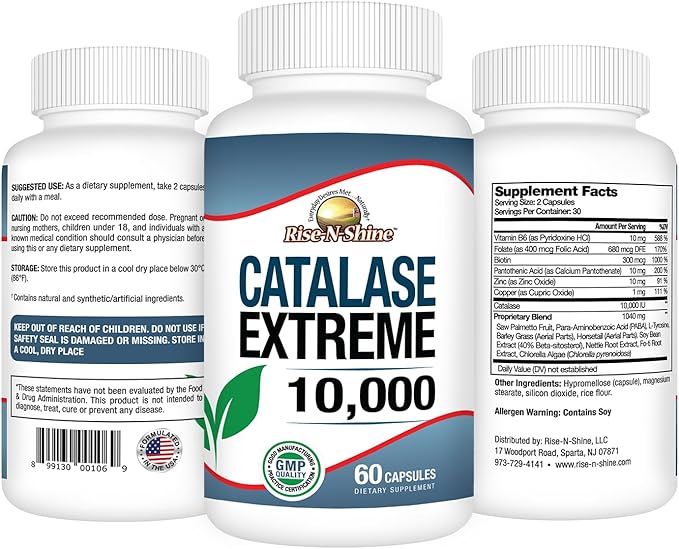 Rise-N-Shine Catalase Extreme Supplement 10000 with Saw Palmetto Biotin Fo-Ti PABA - Hair Supplements for Strong Hair - 60 Capsules