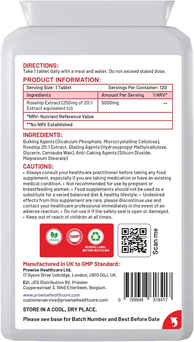 Rosehip Health+ (Pack of 2) 5000mg 120 Tablets - UK Manufactured GMP Guaranteed Quality - Suitable for Vegetarians &amp Vegans by Prowise Healthcare