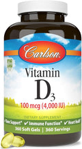 Carlson - Vitamin D3 4000 IU (100 mcg) Bone &amp Immune Health Cholecalciferol Supplement Gluten Free Vitamin D Capsules 360 Softgels
