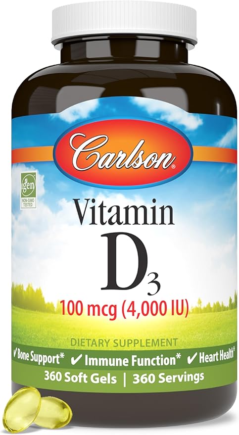 Carlson - Vitamin D3 4000 IU (100 mcg) Bone &amp Immune Health Cholecalciferol Supplement Gluten Free Vitamin D Capsules 360 Softgels