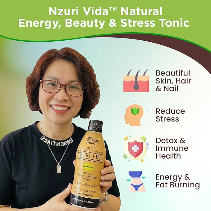 Nzuri Vida All-Natural Energy &amp Stress Support Tonic 10-in-1 Total Body Restoration Drink with Acai Berry Cupuacu &amp Yerba Mate. Smooth Energy Calm Focus Detox &amp Immune Support - 3 Bottl