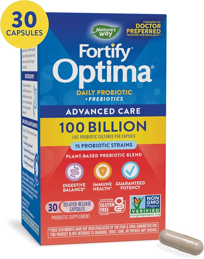Nature's Way Fortify Optima Probiotic for Adults 100 Billion Live Cultures 15 Strains Supports Digestive and Immune Health* Plant-Based Prebiotic Fiber 30 Capsules (Packaging May Vary)