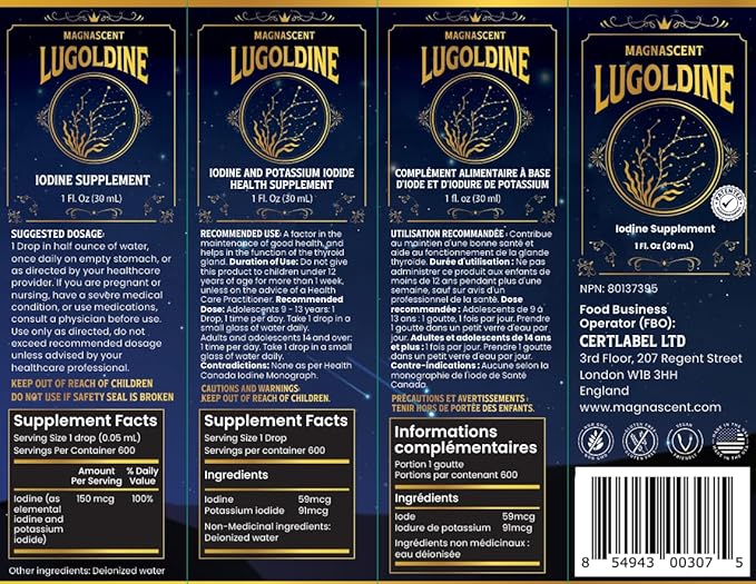 Lugoldine Iodine Drops 1 oz – Patented Process (US20090022816A1) 150 mcg Iodine (100% Daily Value) Alcohol-Free &amp Glycerin-Free Liquid Iodine Supplement (1 Ounce (Pack of 1))