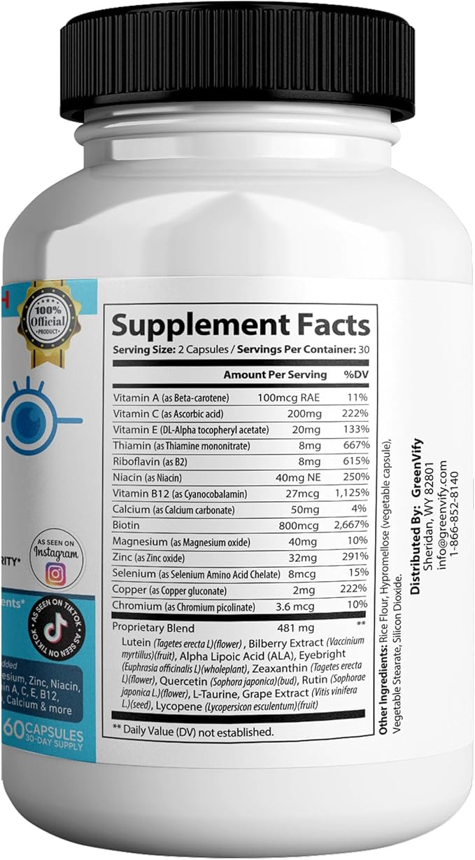 EyeGenics Max Vision Support Supplement 60 Capsules Maximum Strength Eye Health Formula with Lutein Bilberry Extract Vitamins (1)