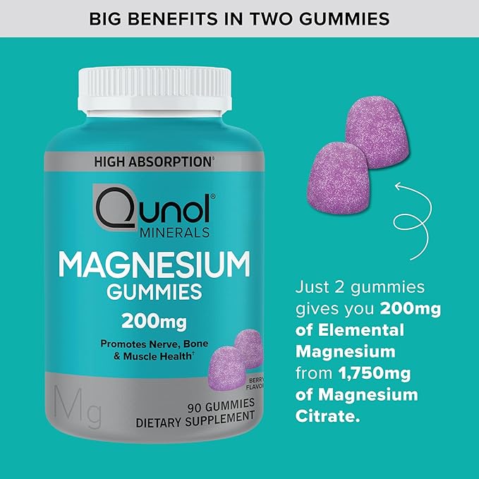 Qunol Magnesium Gummies for Adults 200mg Elemental Magnesium (from 1750mg Magnesium Citrate) High Absorption Magnesium Supplement Supports Nerve Bone and Muscle Health Vegetarian 120 Count