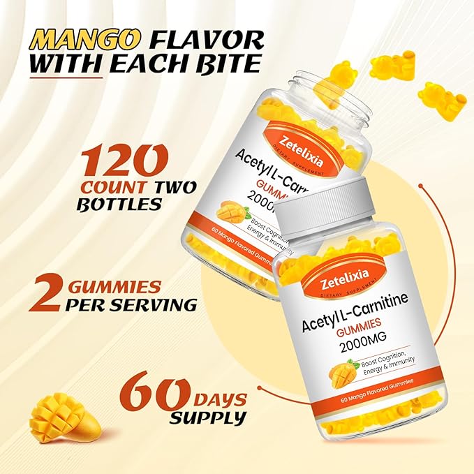 2 Pack Acetyl L-Carnitine Gummies L-Carnitine Supplement for Women &amp Men Nutrition Supplement for Boost Energy Immunity &amp Brain Health Vegan Non-GMO Mango Flavor 120 Count