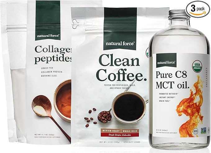 Natural Force Organic Clean Coffee Collagen Peptides and Pure C8 MCT Oil Bundle – Toxin Free Coffee Grass Fed Collagen &amp MCTs - Non-GMO Keto &amp Paleo - 12 Oz 11.7 Oz 32 Oz