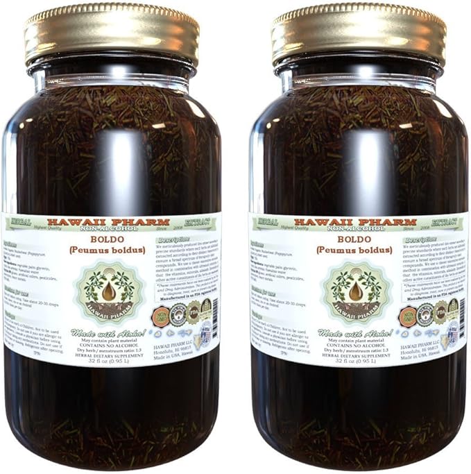 Hawaii Pharm Boldo Alcohol-Free Liquid Extract Boldo (Peumus boldus) Dried Leaf Glycerite Natural Herbal Supplement 2x32 oz Unfiltered