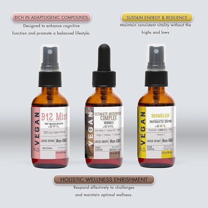 Trio Bundle - Mushroom Complex Drops B12 Mist &amp Bromelain Spray - Non-GMO Gluten-Free Sugar-Free Easy Absorption Multivitamins for Kids &amp Adults - 2 Fl Oz 420 Day Supply