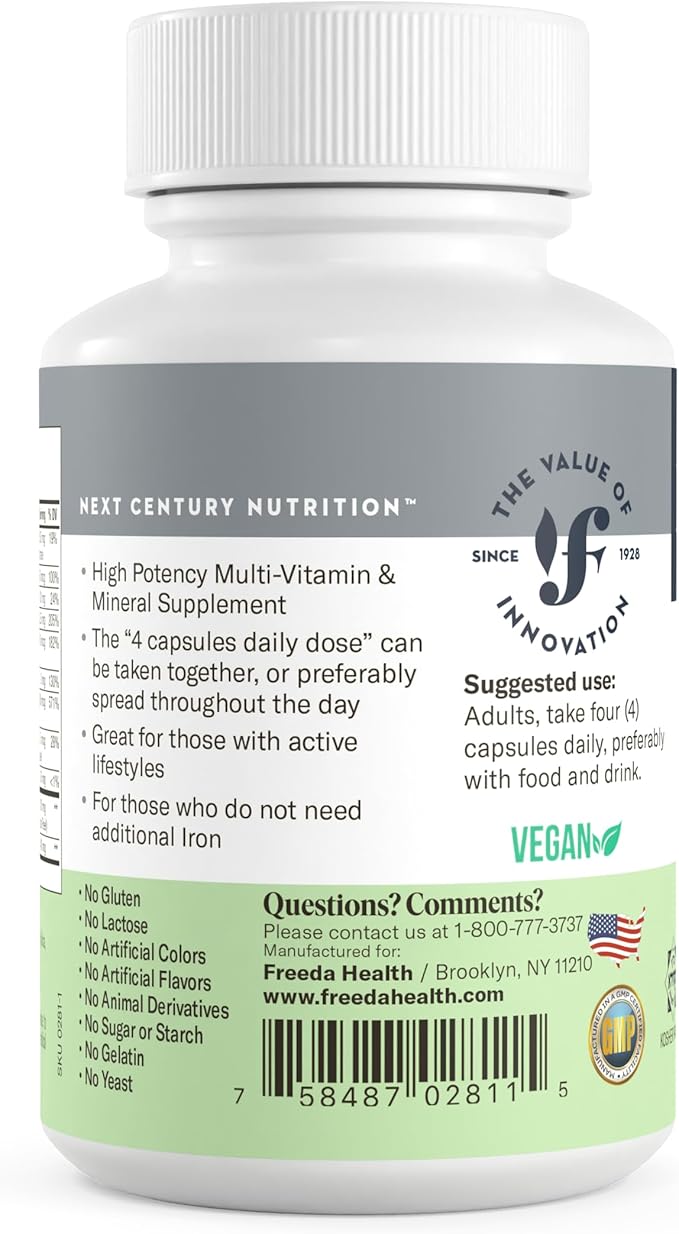 Freeda Maximum Strength Multivitamin – High Potency Daily Supplement for Active Adults (Men &amp Women) – Iron Free – SCD Diet Compatible – 120 Capsules – Ultra-Freeda