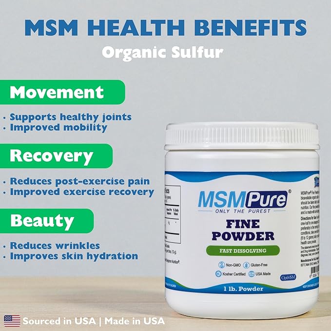 KALA HEALTH MSMPure Fast Dissolving Fine MSM Powder Crystals – US-Made MSM for Joint Health Skin Appearance and Hair &amp Nail Support – 1 lb Organic Sulfur