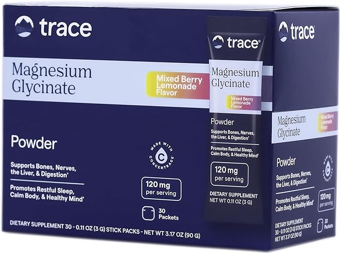 Trace Minerals Magnesium Glycinate - Bedtime Magnesium Supplement for Sleep Support - Nervous System &amp Healthy Mindset Support - Travel-Friendly Stick Packs - Mixed Berry Lemonade Flavor - 30 Serv