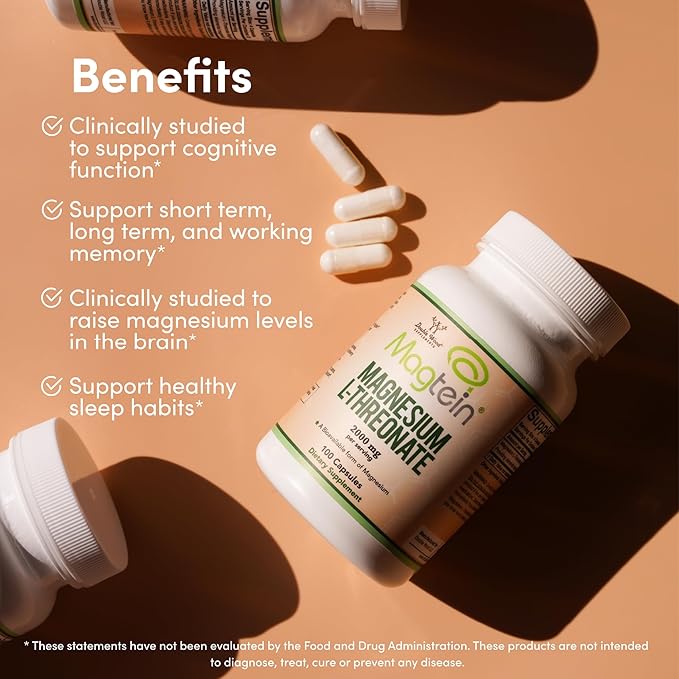 Magnesium L Threonate Magtein™ Sleep and Cognitive Support – High Absorption – Most Bioavailable Form of Magnesium – 2000 mg – 100 Capsules