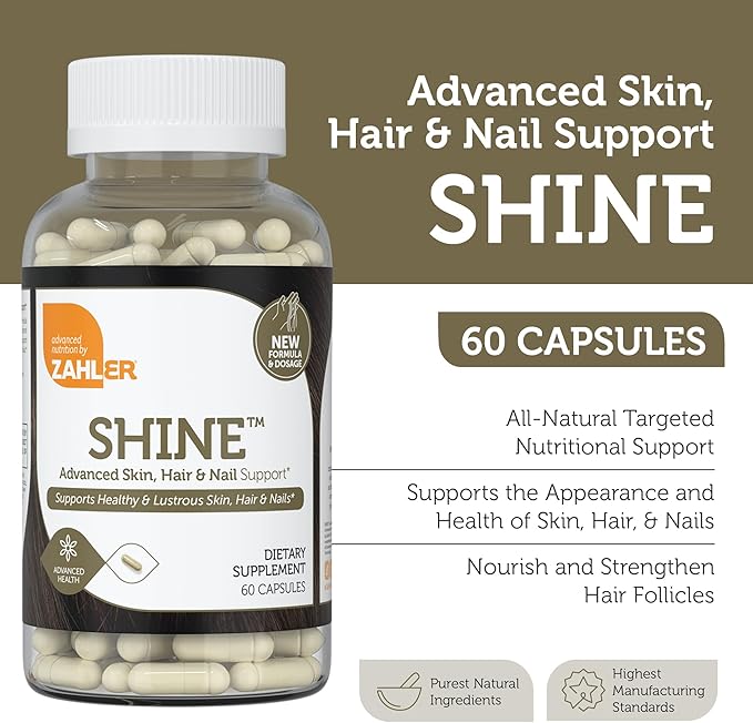 Zahler Shine Hair Skin and Nails Vitamins for Women &amp Men - Multivitamin for Hair Growth Stronger Nails and Skin Health - Kosher Supplement with Biotin Keratin &amp Hyaluronic Acid (60 Capsules