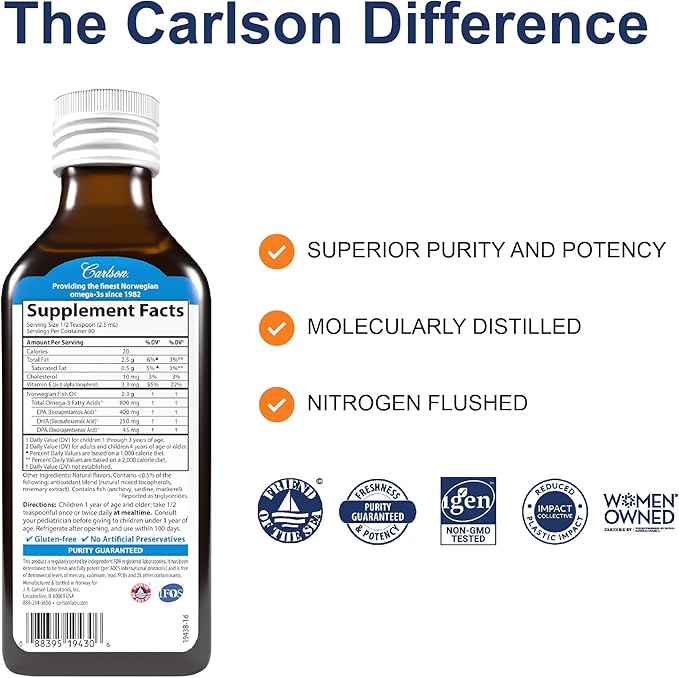 Carlson Kid's The Very Finest Fish Oil 800 mg Omega-3s Just Peachie Flavor 200 mL – Liquid Norwegian Fish Oil Wild-Caught &amp Sustainably Sourced