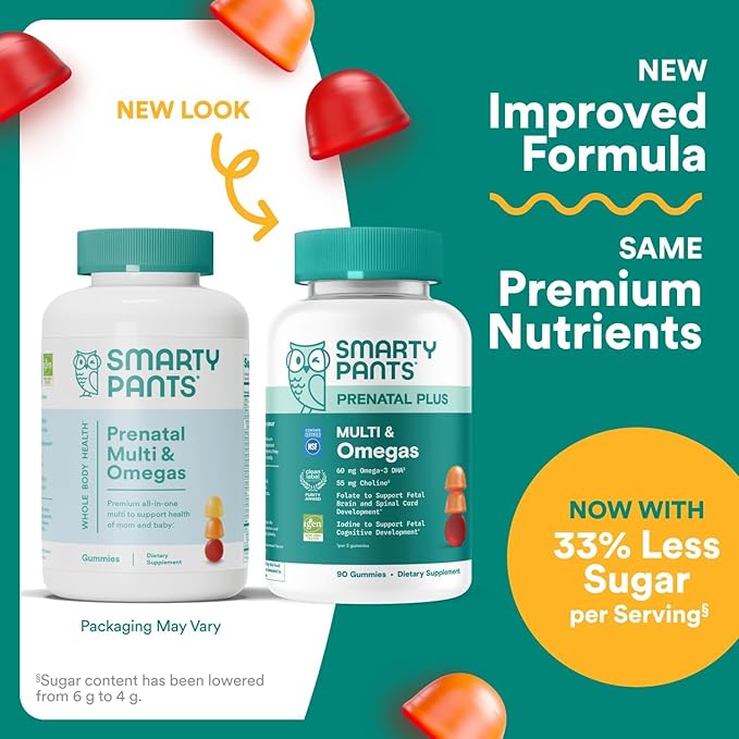 SmartyPants Prenatal Multivitamin Gummies Omega 3 (DHA/EPA) Methylfolate Biotin Vitamin D3 C Vitamin B12 B6 Vitamin A K &amp Zinc Gluten Free 90 Count (30 Day Supply)