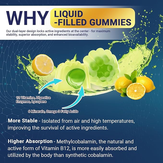 Mens Multivitamins Gummies with Vitamins A C D K E B Complex Omega-3 Digestive Enzymes Lycopene Calcium Magnesium Zinc - Support Brain Muscle Energy Sugar Free Vegan 60Cts